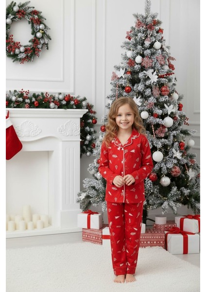 Kız Çocuk Kırmızı Desenli Yumuşak Süet Kumaş Düğmeli Yılbaşı Pijama Takımı 5E-4770 fiyatları