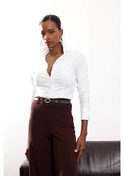 Beyaz V Yaka Likralı Slim Fit Gömlek 16669