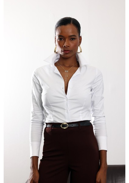 Beyaz V Yaka Likralı Slim Fit Gömlek 16669