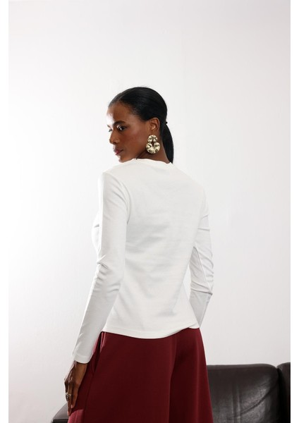 Ekru Uzun Kollu Basic Tişört 1103