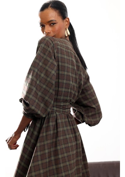 Haki Ekoseli Kuşaklı Elbise 1235 fiyatları