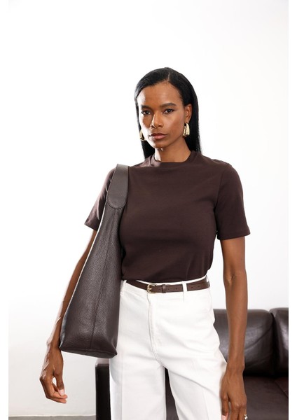 Acı Kahve Bisiklet Yaka Basic Tişört 1075