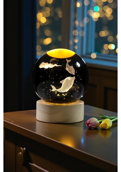 Ahşap Kaideli Işıklı 3D Cam Küre 6 cm – Sevimli Yunus Balıkları Usb’li Dekoratif Lamba fırsatları