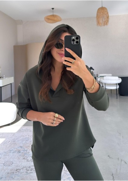 Haki Scuba Kapüşonlu Sweat - Paça Pensli Pantolon Takım