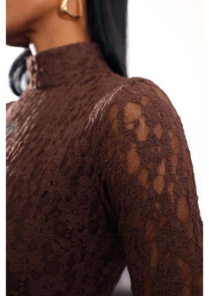 Acı Kahve Dik Yaka Dantel Elbise 111657