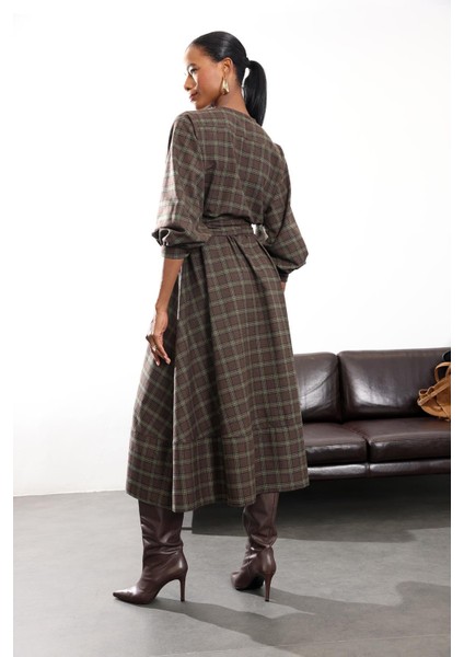 Haki Ekoseli Kuşaklı Elbise 1235