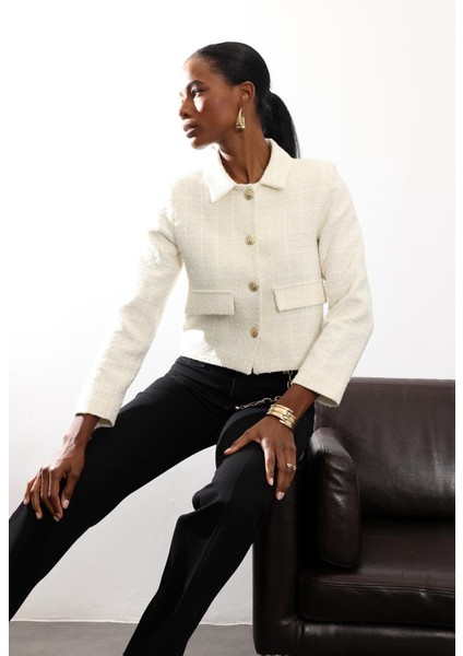 Ekru Gold Düğmeli Tüvit Ceket 02014