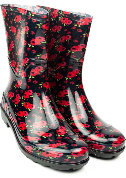15101 Ulaş Kırmızı Çiçekli Kısa Kadın Yağmur Çizmesi