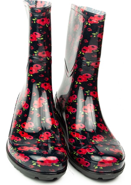 15101 Ulaş Kırmızı Çiçekli Kısa Kadın Yağmur Çizmesi modelleri
