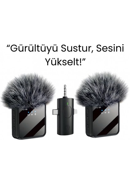 Kablosuz Çift Yaka Mikrofonu Seti – 360° Kayıt, Akıllı Gürültü Azaltma, Lightning + Type-C + 3.5mm Uyumlu
