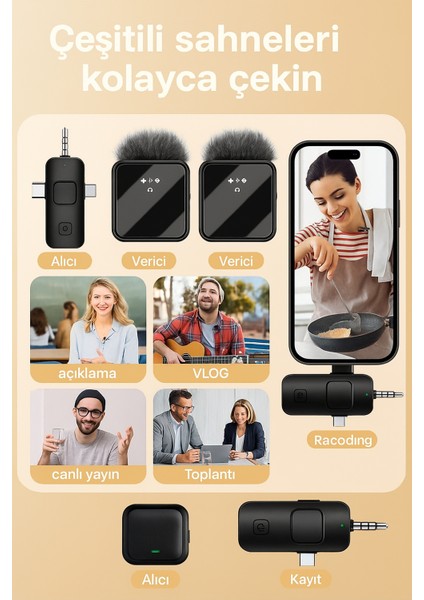 Kablosuz Çift Yaka Mikrofonu Seti – 360° Kayıt, Akıllı Gürültü Azaltma, Lightning + Type-C + 3.5mm Uyumlu