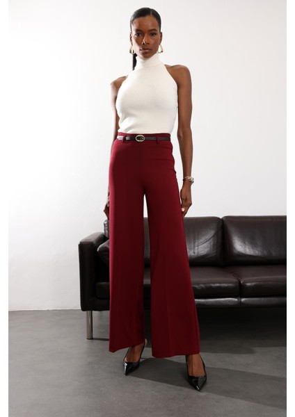 Bordo Kemerli Likralı Palazzo Pantolon 9150