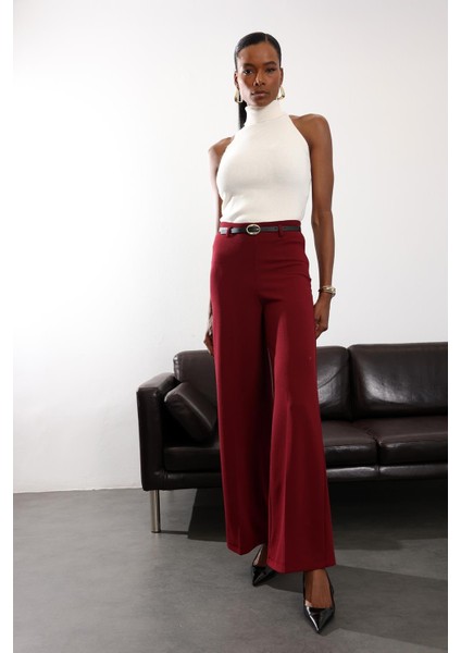 Bordo Kemerli Likralı Palazzo Pantolon 9150 modelleri