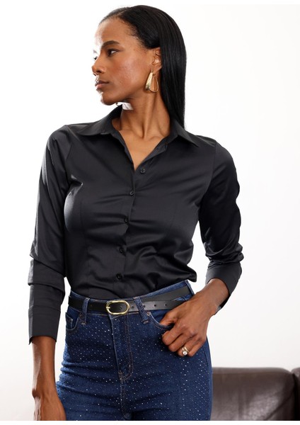 Siyah Parlak Bitişli Slim Fit Gömlek 4897