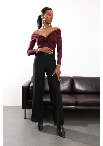 Siyah Kemerli Likralı Palazzo Pantolon 9150