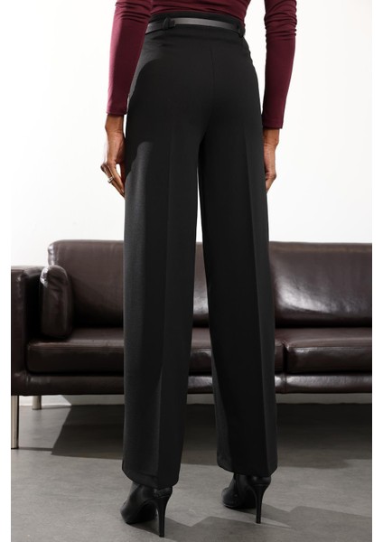 Siyah Kemerli Likralı Palazzo Pantolon 9150