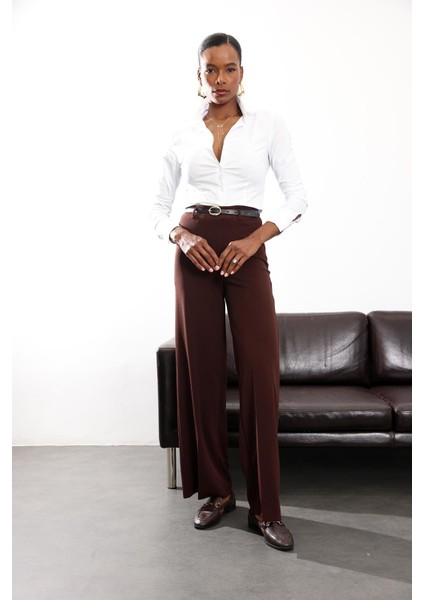 Kahverengi Kemerli Likralı Palazzo Pantolon 9150