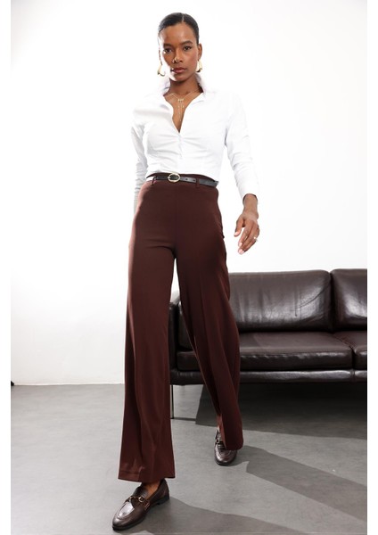 Kahverengi Kemerli Likralı Palazzo Pantolon 9150 modelleri