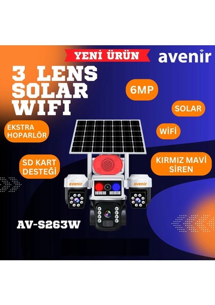 AV-S263W Beyaz 3 Kameralı 6mp Güneş Panelli Solar Wifi Ptz Kamera Krn Teknoloji