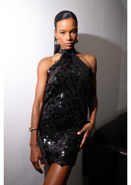 Siyah Halter Yaka Payetli Elbise 111653