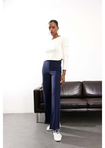 Lacivert Kemerli Likralı Palazzo Pantolon 9150