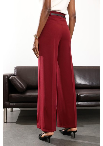 Bordo Kemerli Likralı Palazzo Pantolon 9150
