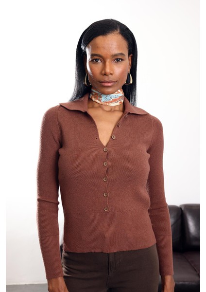 Kahverengi Sekiz Düğmeli Polo Yaka Kazak 251147 indirimleri