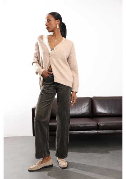 Haki Straight Kadife Pantolon