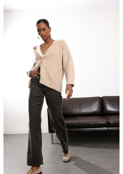 Haki Straight Kadife Pantolon modelleri