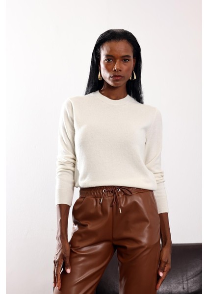 Ekru Bisiklet Yaka Kaşmir Basic Triko