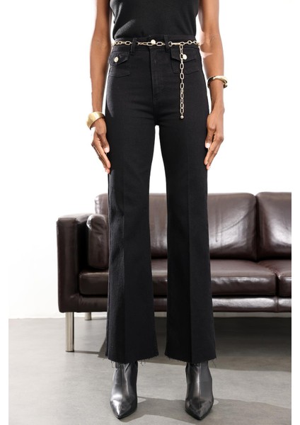 Siyah Yüksek Bel Kemerli Flare Jean fırsatları