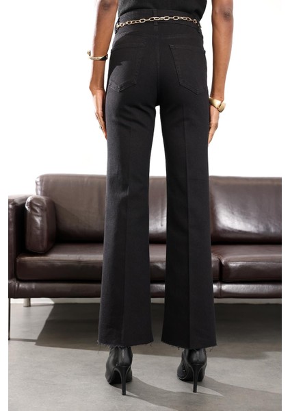 Siyah Yüksek Bel Kemerli Flare Jean