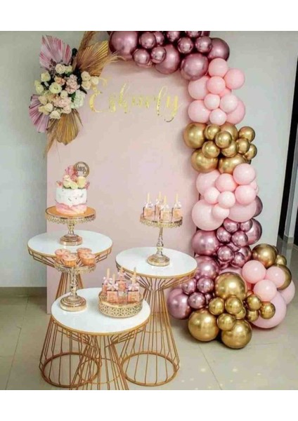 50 Adet Pastel ve Krom Balon Zincir Seti Pembe, Krom Pembe ve Krom Gold