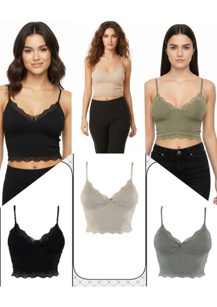 3'lü Crop Takım Askılı Dantelli Pedli Büstiyer Bluz (Paket Içeriği 1- Haki-Yeşil, 1-Taş, 1-Siyah)
