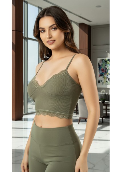 3'lü Crop Takım Askılı Dantelli Pedli Büstiyer Bluz (Paket Içeriği 1- Haki-Yeşil, 1-Taş, 1-Siyah) fiyatları