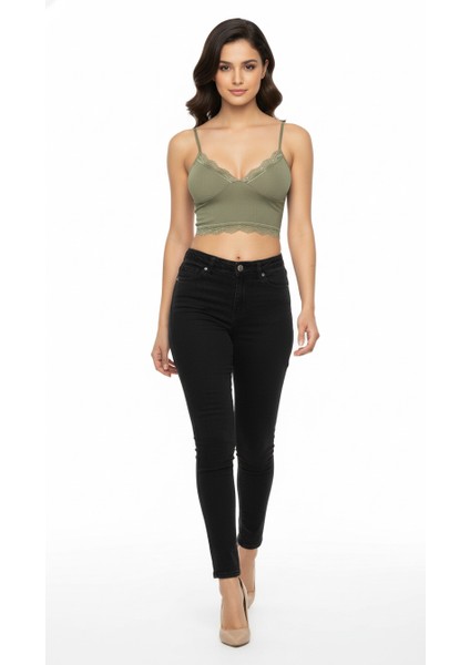 3'lü Crop Takım Askılı Dantelli Pedli Büstiyer Bluz (Paket Içeriği 1- Haki-Yeşil, 1-Taş, 1-Siyah) modelleri
