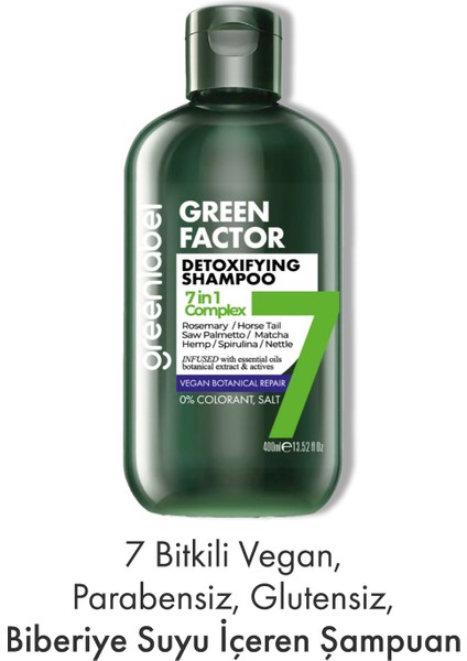 Green Factor 7 Bitkili Vegan Parabensiz Glutensiz Onarıcı ve Yoğun Bakım Detox Şampuanı 400 ML