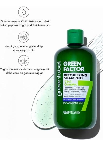 Green Factor 7 Bitkili Vegan Parabensiz Glutensiz Onarıcı ve Yoğun Bakım Detox Şampuanı 400 ML modelleri