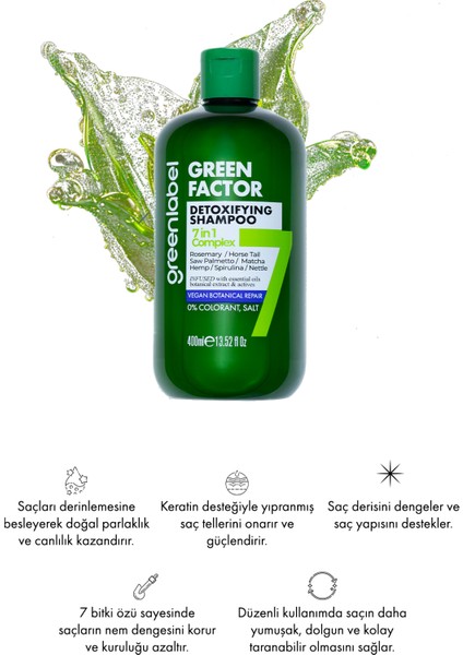 Green Factor 7 Bitkili Vegan Parabensiz Glutensiz Onarıcı ve Yoğun Bakım Detox Şampuanı 400 ML indirimleri