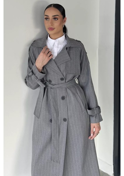 Kadın Iç Astarlı Bel Kuşaklı Çizgi Desenli Trençkot P-00019231