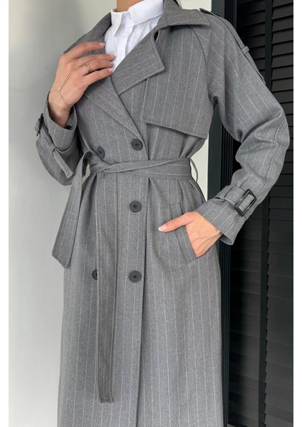 Kadın Iç Astarlı Bel Kuşaklı Çizgi Desenli Trençkot P-00019231 fiyatları