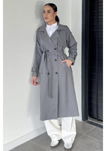 Kadın Iç Astarlı Bel Kuşaklı Çizgi Desenli Trençkot P-00019231 modelleri
