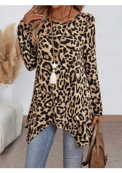 Kadın Uzun Kollu Bisiklet Yaka Leopar Desenli Süprem Bluz modelleri