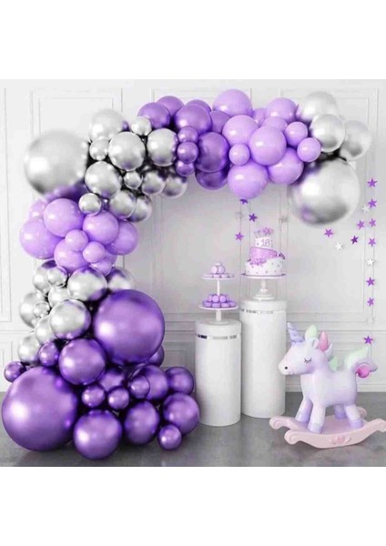 - Zincir Balon Set (Krom Mor- Lila - Krom Gümüş 3 Renk 60 Adet + Balon Zinciri)