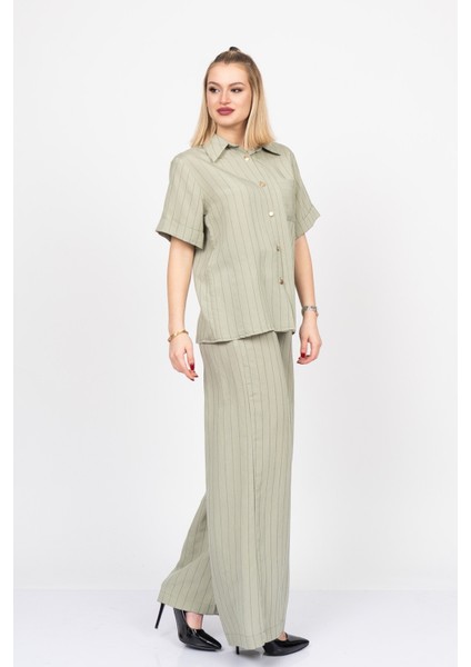 Arkası Yırtmaç Detaylı Gömlek - Beli Lastikli Cepli Pantolon Takım 70031