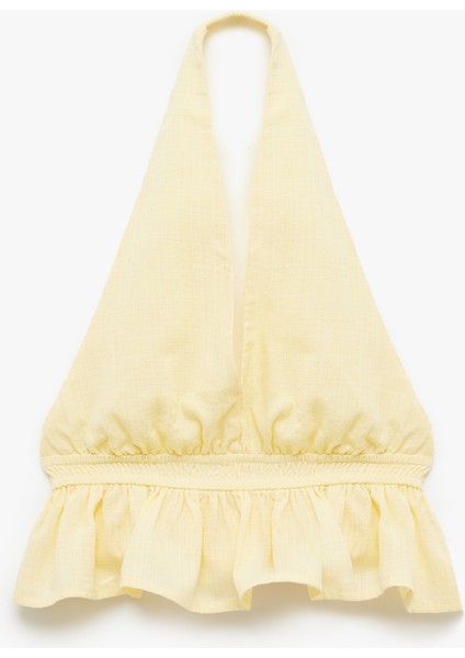 Sırt Detaylı Slim Fit Fırfırlı Kolsuz Viskon Karışımlı Halter Yaka Crop Bluz modelleri