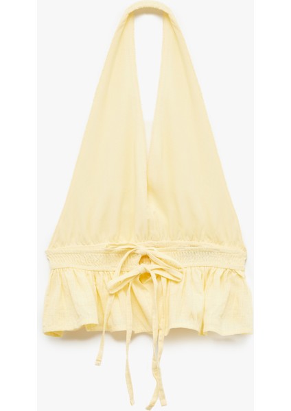 Sırt Detaylı Slim Fit Fırfırlı Kolsuz Viskon Karışımlı Halter Yaka Crop Bluz fırsatları