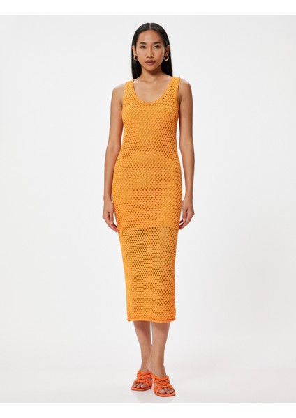 Uzun Kroşe Elbise Astarlı Fileli Kolsuz Yuvarlak U Yaka Rahat Kalıp