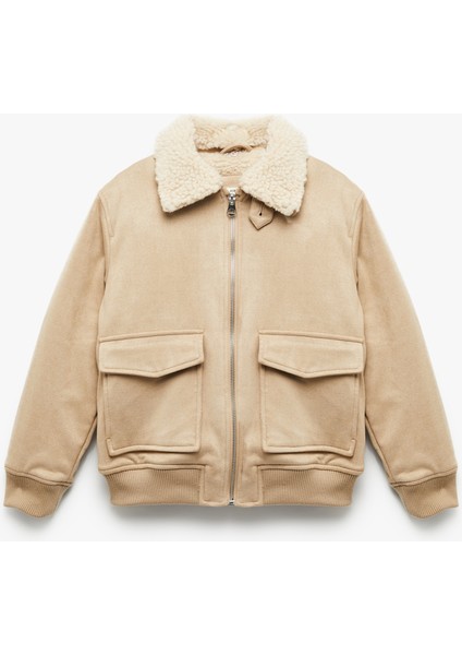 Uzun Kollu Peluş Yaka Cep Detaylı Fermuarlı Bomber Ceket