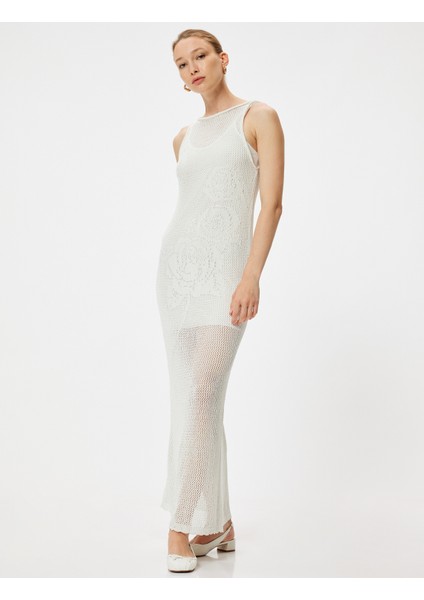 Uzun Kroşe Elbise Kolsuz Yuvarlak Yaka Yarım Astarlı